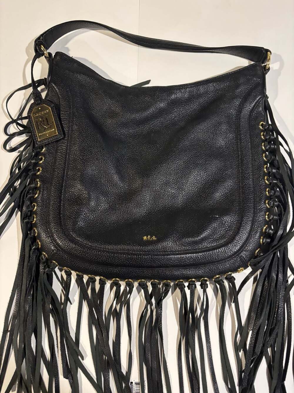 Lauren Ralph Lauren Black Leather Fleetwood Fringe Hobo Bag Purse